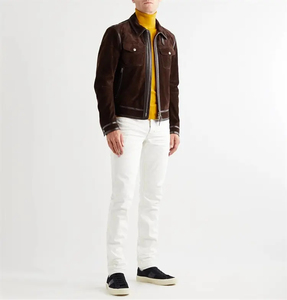 Chaqueta de Motociclista de Gamuza Marrón para Hombre, Estilo Biker, Cierre de Cremallera, Cuello Camisero, Corte Regular, para Otoño, Color Sólido - Product Image 1