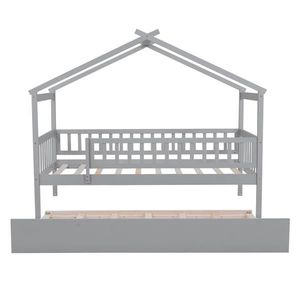 Twin Size Wooden <b>House</b> <b>Bed</b> with Gray Trundle Kids' <b>Bed</b> Set - Product Image 4