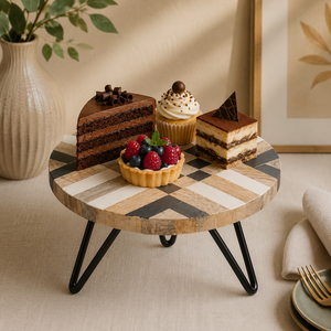 Soporte redondo de madera para pasteles, expositor de postres con patrón geométrico y patas de metal, ideal para fiestas, bodas, panaderías, cafeterías y restaurantes. - Product Image 1