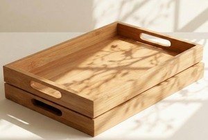 <b>Bamboo</b> Rectangle Decorative Tray With Handle Minimalist Design Plant Theme Serving Tray Rectangle Acacia Wooden Food Drink Tray - Product Image 6