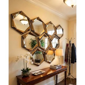Sheesham Wood Hexagonal Wall <b>Mirror</b> Art Deco Geometric Wholesale India - Product Image 2