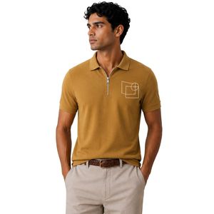Polo homme marron moutarde à fermeture éclair, design de logo personnalisé, manches courtes, mélange de coton premium, polo de golf décontracté de luxe, tendance - Product Image 1