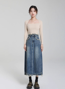 Jupe longue en jean pour filles, longueur genou, avec fente, coupe ample, décontractée, printemps, style modeste et mature - Product Image 3
