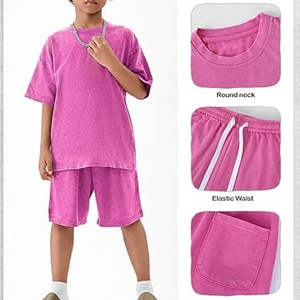 Custom Design Shorts and T-shirt Sets 100% Cotton <b>Acid</b> Wash Sun Faded Custom Logo <b>Drop</b> Shoulder Boxy Fit Twin Set For Men Kids - Product Image 2