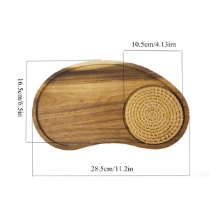 Wholesale Natural Acacia Wooden Serving Tray <b>with</b> Woven Rattan Mat for <b>Coffee</b> <b>Table</b>, Kitchen Countertop from Vietnam - Product Image 2