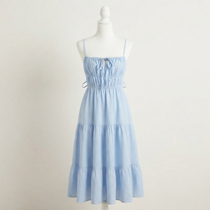 Light Blue Spaghetti Strap Maxi <b>Dress</b> <b>Elastic</b> <b>Waist</b> Tiered A-Line Casual Summer Cotton Woven Solid Color Regular Eco-Friendly - Product Image 1
