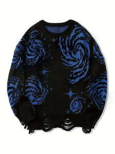 Pull en tricot à imprimé galaxie avec ourlet effiloché, manches longues, vêtements d'hiver pour homme - Product Image 4