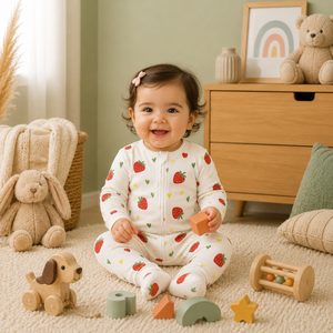 100% Bamboo Unisex Baby Full Sleeve Romper | Two Way Zipper Chin Guard Stretch Cuffs Strawberry Print Lightweight Sleep Suit - Product Image 2