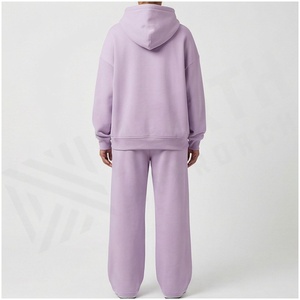 Unisex Lavender Hooded Sweatshirt & <b>Sweatpants</b> <b>Set</b> Full Length Loose Fit Solid Color Casual Tracksuit 100% Cotton Midweight - Product Image 2