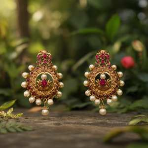 Fashion Chandelier Earrings Chandbali Style Matte Finish with Kemp Ruby Stones - Product Image 3
