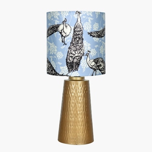 Vintage design Gold Table <b>Lamp</b> <b>Peacock</b> Pattern Fabric <b>Shade</b> Hammered Metal Base Artistic Bedside Nightstand Light Home Decor - Product Image 1