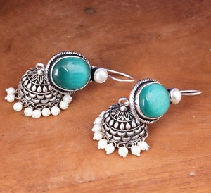 Factory Wholesale Oxidized Silver Green <b>Cat</b> Eye Stone Jhumka <b>Earrings</b> Handmade Ethnic Boho Pearl Drop <b>Earrings</b> for Women - Product Image 6