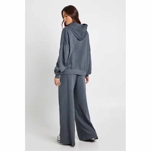 Oversized Hooded Sweatshirt <b>Set</b> Gray French Terry 100% Cotton Unisex Autumn Streetwear Wide Leg Pants Matching Joggers - Product Image 5