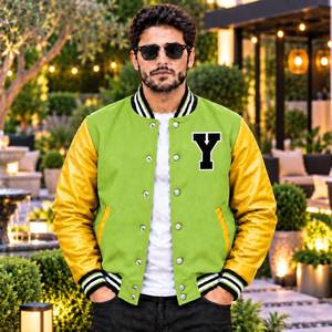 Blouson universitaire pour homme en laine et cuir, coupe-vent, respirant, à capuche, avec col montant enduit, style universitaire - Product Image 5