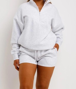 Women's Gray 2-Piece <b>Knitted</b> Shorts <b>Set</b> Full Sleeve Stand Collar Loose Fit Casual Solid Color Breathable Cotton Knee Button - Product Image 3