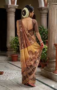 Sari de seda con estampado digital tradicional, con motivos florales y de diosas, para mujeres, ropa de boda de India y Pakistán. - Product Image 3