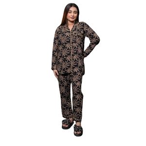 <b>Women</b> <b>Black</b> Brown Tropical Leaf Print Satin Pajama Set Long Sleeve Button Up Shirt Matching <b>Pants</b> Stylish Sleepwear Manufacturer - Product Image 1