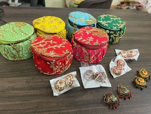 Handcrafted Silk Embroidered Round Jewellery <b>Vanity</b> <b>Box</b> Set with Traditional Rajasthani Meenakari Jhumka Earrings - Product Image 2