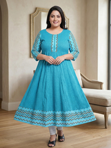 Teal Zig Zag Geometric Print Anarkali <b>Kurti</b> In Cotton Fabric For Plus Size Women's Round Neck Three Quarter Sleeves - Product Image 1