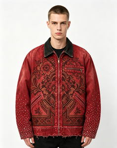 Veste pour homme à imprimé floral rouge avec détails en strass, col rabattu, fermeture éclair, style streetwear, vêtements d'automne - Product Image 4