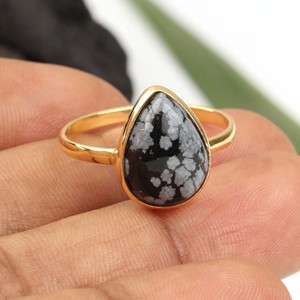 Bulk Wholesale Natural Snowflake Obsidian <b>Ring</b> 925 Sterling <b>Silver</b> 10x14mm Pear 18K Gold Plated <b>Eternity</b> Vermeil Women's Jewelry - Product Image 1