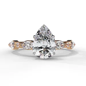 Bague de fiançailles en diamant de laboratoire taille poire 1 carat, or massif 18 carats, certifiée IGI VVS E-F, avec accent marquise vintage, bijoux fins - Product Image 5