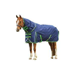 Couverture de cheval en nylon bleu avec bordure verte, protection intégrale - Product Image 1