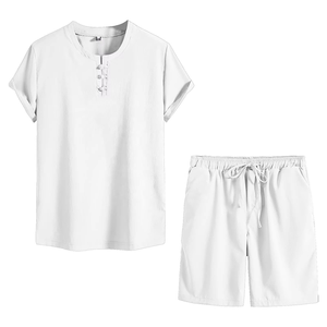 Conjunto de Camisa de Manga Corta y Pantalones Cortos de Algodón Blanco para Hombre, Traje Casual de Verano Transpirable de Dos Piezas, Tejido de Color Sólido - Product Image 1