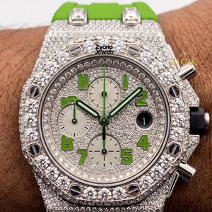 Luxury ETA Iced Moissanite <b>Chronograph</b> Watch Full Stone Set Bezel Green Stainless Steel Strap Silver Tone Dial <b>Automatic</b> - Product Image 4