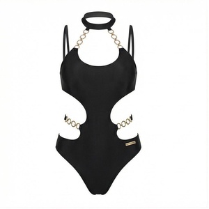 Traje de Baño Entero Negro con Cuello Halter y Diseño Calado con Detalle de Cadena Dorada para Mujer - Product Image 1