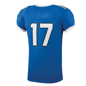 Ensemble d'uniformes de football américain personnalisés bleu et blanc, sublimés, anti-transpiration, col en V, manches courtes, maillot et pantalon pour homme adulte - Product Image 5
