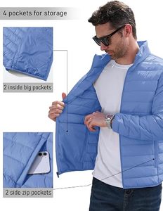 Men's Lightweight <b>Packable</b> Down Coat Waterproof Winter Hooded <b>Jacket</b> 100% Filling Stand Collar Front Logo Casual Storage Pouch - Product Image 5