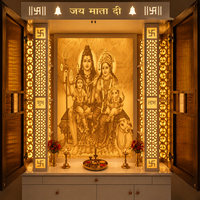 Nouveau Temple Traditionnel en Acrylique Fait Main avec Tiroirs de Rangement, Éclairage LED et Portes en Verre Ouvrables - Jai Mata Di - Temple Domestique