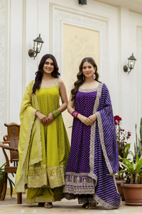 Vestido de seda Vichitra con bordado de espejos reales, dupatta Leheriya y palazzo, atuendo festivo tradicional para mujer (II 46) - Product Image 1