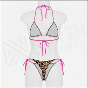Ensemble bikini 2 pièces imprimé léopard pour femme, haut dos nu et bas à nouer sur les côtés, bordure rose, maillot de bain extensible - Product Image 2