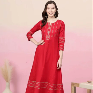 Cotton Gold Floral Printed Anarkali Kurta <b>Wrap</b> Kurti Blouse Women Girls Ethnic Summer Clothing Recycled Materials Sun Protection - Product Image 1