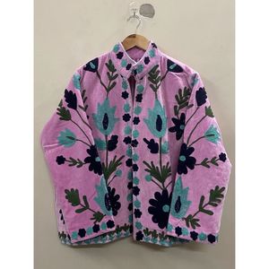 <b>Women's</b> <b>PINK</b> Velvet <b>Jacket</b> Mandarin Collar Floral Embroidery Prairie Chic Autumn Coat Handmade Suzani Velvet <b>Jacket</b> - Product Image 1