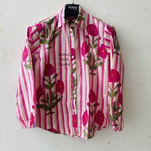 Pink White Striped Floral Embroidered Cotton Shirt Full Sleeve Turn-<b>down</b> Collar Summer Woven Button Up Prairie Chic - Product Image 1