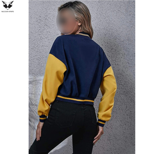 เสื้อแจ็คเก็ตวาร์ซิตี้ผู้หญิง สีน้ำเงิน-เหลือง พิมพ์ลายตัวอักษร H แบบฟล็อก แขนยาว ปกคอพับ ความยาวสั้น เหมาะสำหรับใส่ในฤดูใบไม้ร่วง พร้อมโลโก้ของตัวเอง - Product Image 2