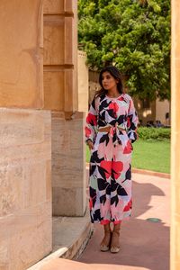 Vestido Maxi con Estampado Floral, Cuello Alto, Manga Larga, Corte en A, Chifón, Casual, Holgado, Transpirable, con Dobladillo Plisado, Cómodo para Primavera - Product Image 4