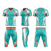 Conjunto de Uniforme de Fútbol Sublimado para Hombre, Color Verde Azulado, Blanco y Coral, Jersey y Pantalones de Poliéster Transpirable, Sin Costuras, para Adultos