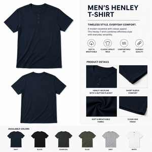 เสื้อยืดเฮนลีย์แขนสั้นสีน้ำเงินกรมท่าสำหรับผู้ชาย ผ้าฝ้าย 100% ทรงโอเวอร์ไซส์ สีพื้น ผ้าเจอร์ซีย์ถัก คอโอ แบบเรียบ ไม่ยับ - Product Image 5