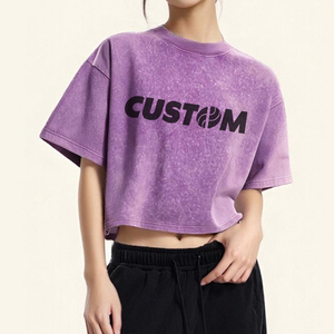 Camiseta de Mujer, Tejida, 100% Algodón, Corte Recortado, Logotipo Cruzado, 240g, Estilo Retro Vintage, Lavado Ácido, Transpirable, Corte Holgado - Product Image 1