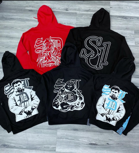 เสื้อฮู้ดดี้ผู้ชายแบบสวมใส่สบายสำหรับฤดูหนาว ผลิตตามสั่ง ขายส่ง คุณภาพสูง เนื้อผ้าหนา 100% ผ้าฝ้าย พิมพ์ลาย ทรงหลวม แขนยาว ปักลาย - Product Image 2