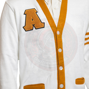 Cardigan blanc en tricot avec col en V orange et patch lettre A, style preppy, manches longues, pull pour femme - Product Image 4
