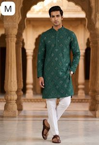 Ensemble prêt-à-porter de vêtements traditionnels et ethniques pour hommes, comprenant un kurta en coton avec des détails en miroir et un pyjama. - Product Image 4