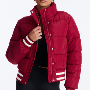 <b>Women</b> Winter Red Quilted Varsity <b>Jacket</b> Stand Collar Full Sleeve Thick Polyester Wadding Solid Color Zipper Short Puffer <b>Jacket</b> - Product Image 1