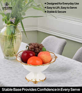 Nouveau bol de fruits en porcelaine avec support couleur blanche avec bordure dorée Look de luxe moderne Plat de service non toxique - Product Image 4