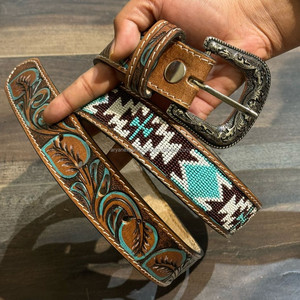 Fábrica al por mayor Casual aleación Pin hebilla mano Tooled cinturones de cuero hecho a mano con cuentas de lujo de las mujeres cinturones de cuero de vaca genuino - Product Image 3