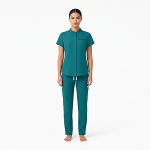 Hawk Eye <b>Women</b> Scrub Set <b>Teal</b> Short Sleeve Top Pants Hospital Uniforms with Pockets Polyester Woven Fabric - Product Image 4